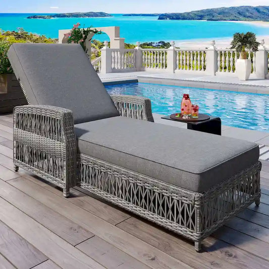 Outdoor Adjustable Reclining Wicker Chaise Lounge with Removable Cushion