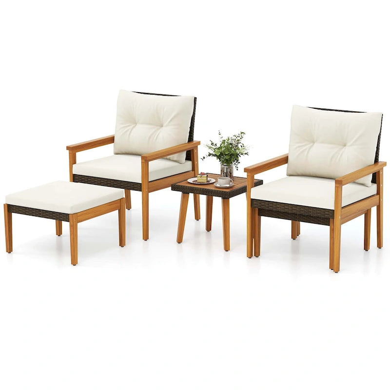 Costway 5 PCS Rattan Furniture Set Wood Frame Chairs & Ottomans with - See Details