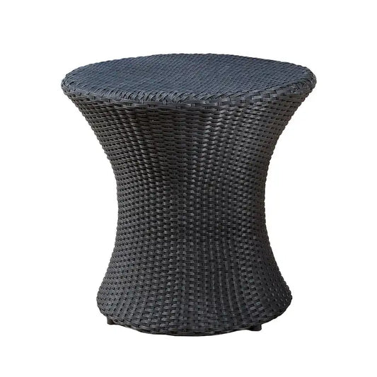 Loco Outdoor Side Table, Hourglass Shape, Round 20 Inch, Black Rattan