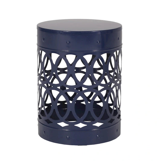 Kemo Outdoor End Table, Round 14 Inch, Cutout Design, Navy Blue Iron