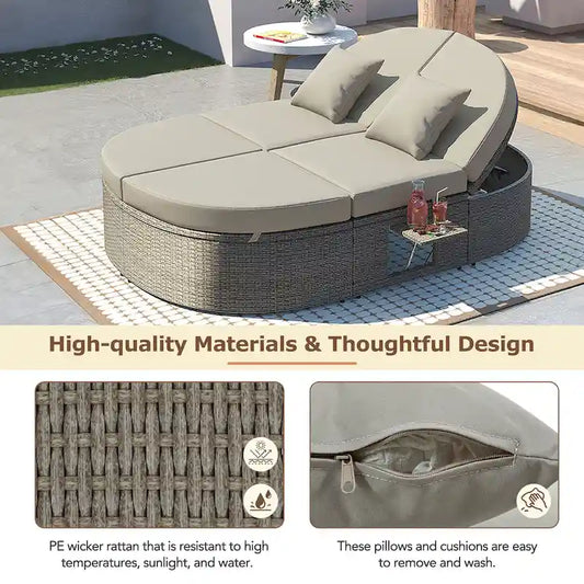 Outdoor Sun Bed Daybed wCushions&Pillows, Rattan Garden Reclining Chaise Lounge wAdjustable Backrests&Foldable Cup Trays
