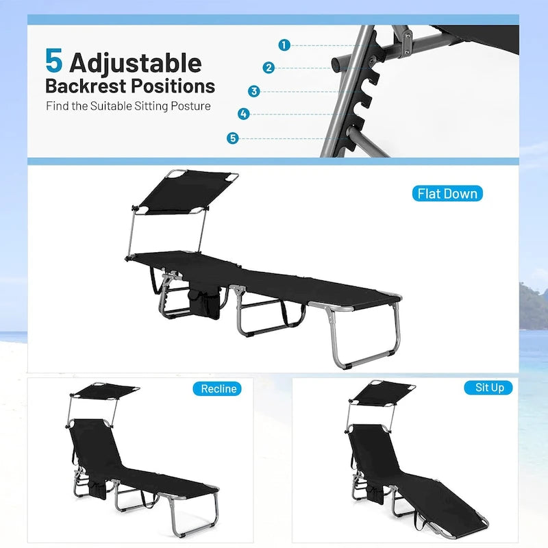 -Position Folding Chaise Lounge Adjustable Tanning Chair with 360 Canopy and Storage Pocket for Beach Patio Black