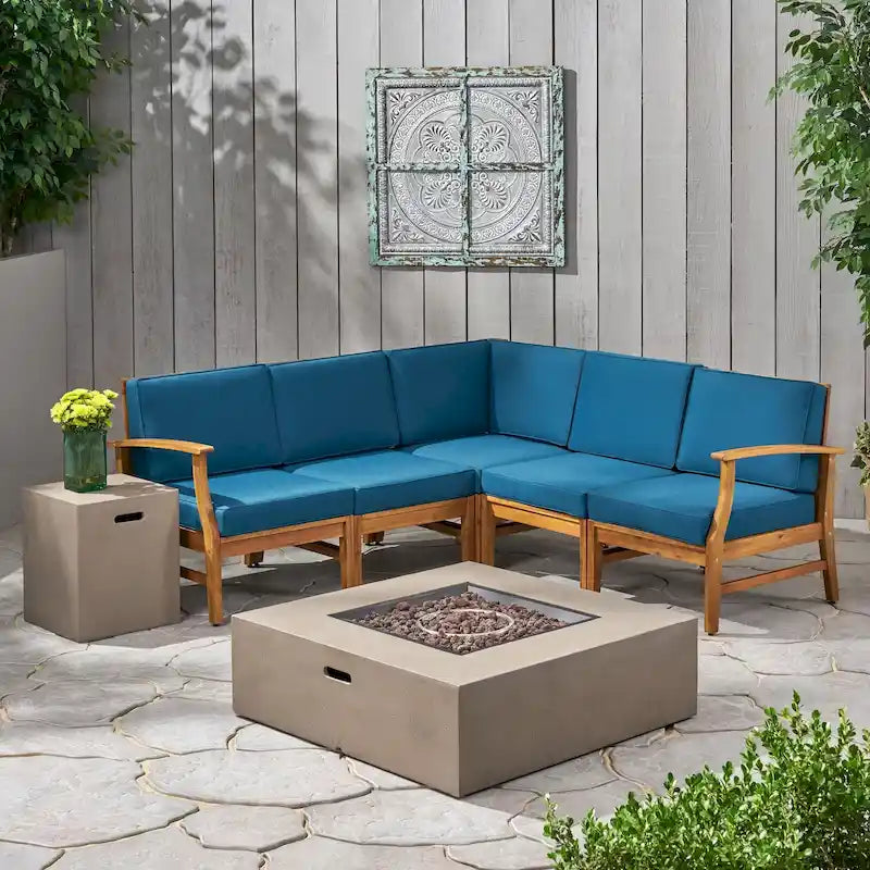 Illona Outdoor 5 Seater V-Shaped Acacia Wood Sofa Set with Square Fire Table and Tank by Christopher Knight Home