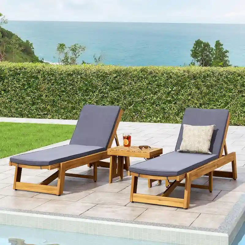 Kyoto Outdoor Acacia Wood 3 Piece Chaise Lounge Set with Water-Resistant Cushions by Christopher Knight Home