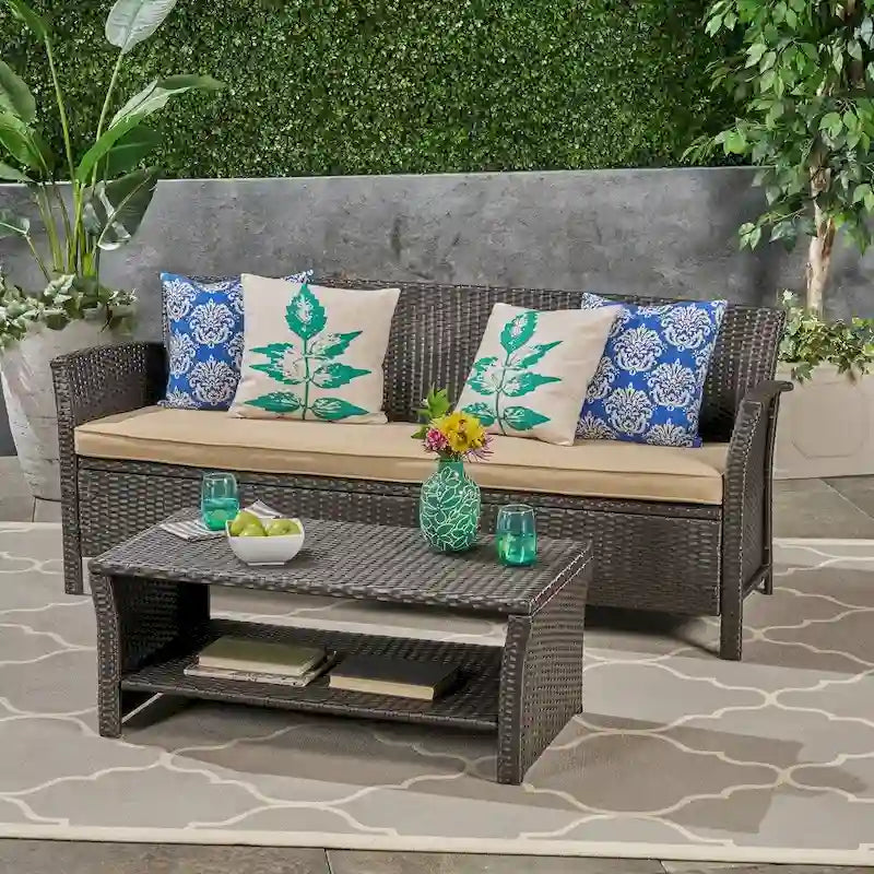 St. Lucia Outdoor 3-Seater Wicker Sofa with Coffee Table by Christopher Knight Home