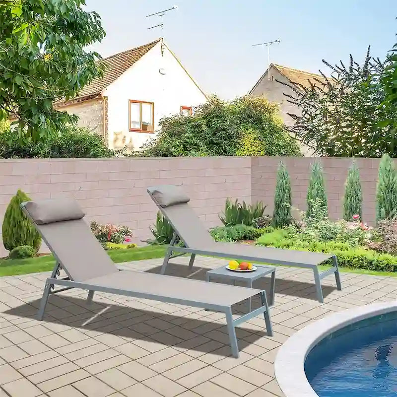 Patio Chaise Lounge Set of 3, Aluminum Lounge Chairs with 5 Adjustable Positions, Outdoor Chaise Lounge