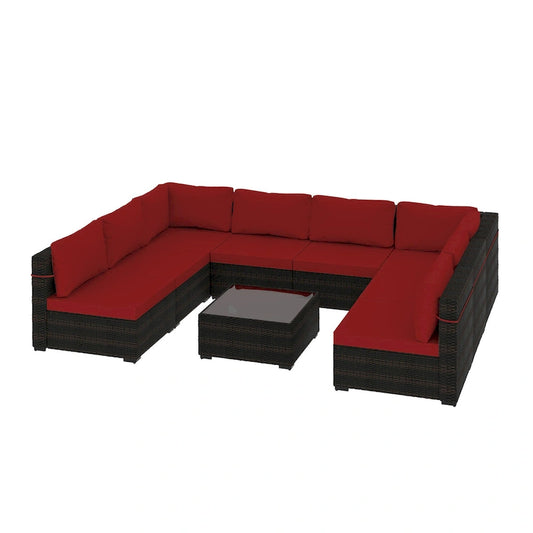 UPHA 9 Pieces Patio Furniture Set Outdoor Sectional Sofa Set, Brown PE Rattan Wicker Conversation Set with Coffee Table