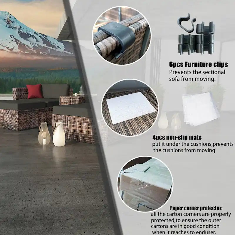 5 Piece Outdoor Wicker Sectional Conversation Sofa Set with Black Cushions and Red Pillows