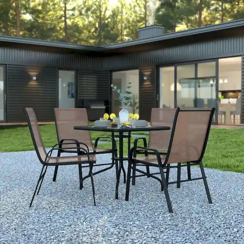 5 Piece Patio Dining Set - Glass Table, 4 Flex Stack Chairs