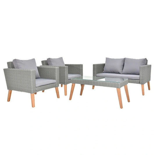 Patio 4-Piece PE Wicker and Acacia Wood Conversation Set with Cushions