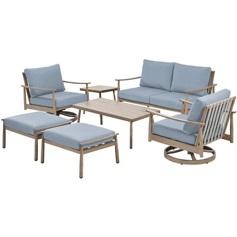 7-Piece Aluminum Patio Conversation Set, Loveseat with Ottomans, 2 Swivel Armchairs and Coffee Table