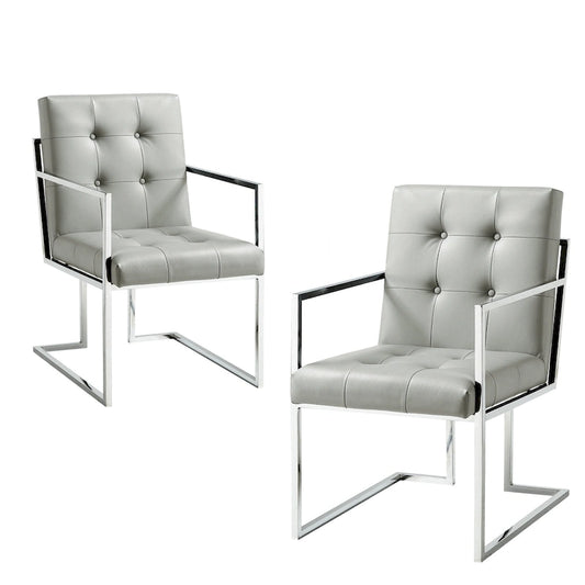 HomeRoots Set of Two Tufted Light Gray and Silver Metallic Upholstered Faux Leather Dining Arm Chairs