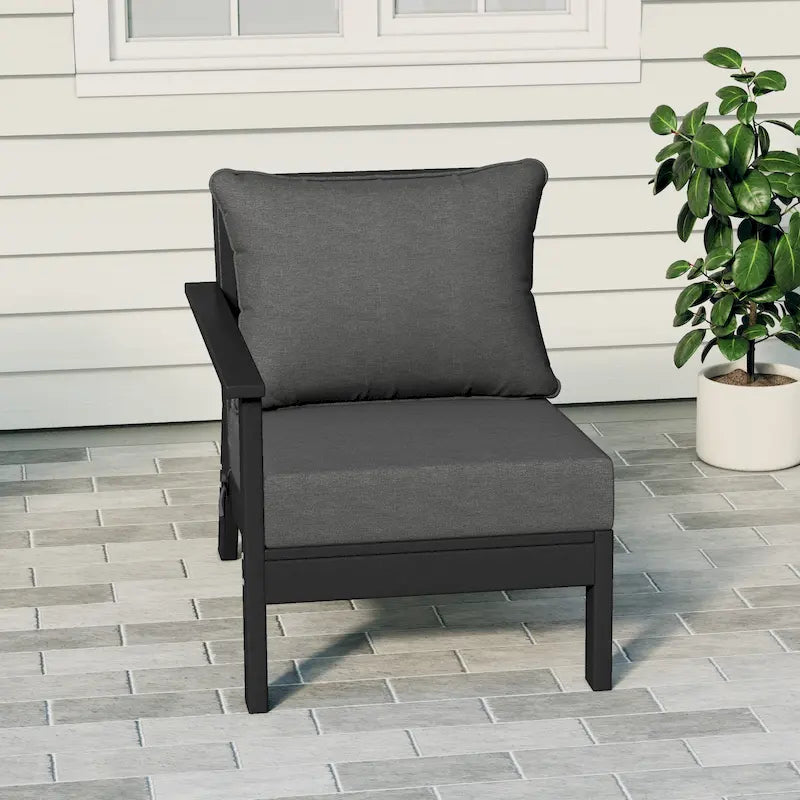 Polytrends Birchwood All Weather HDPE Outdoor Patio Deep Seating Black Left Arm Facing Chair With Cushions (1-Piece)