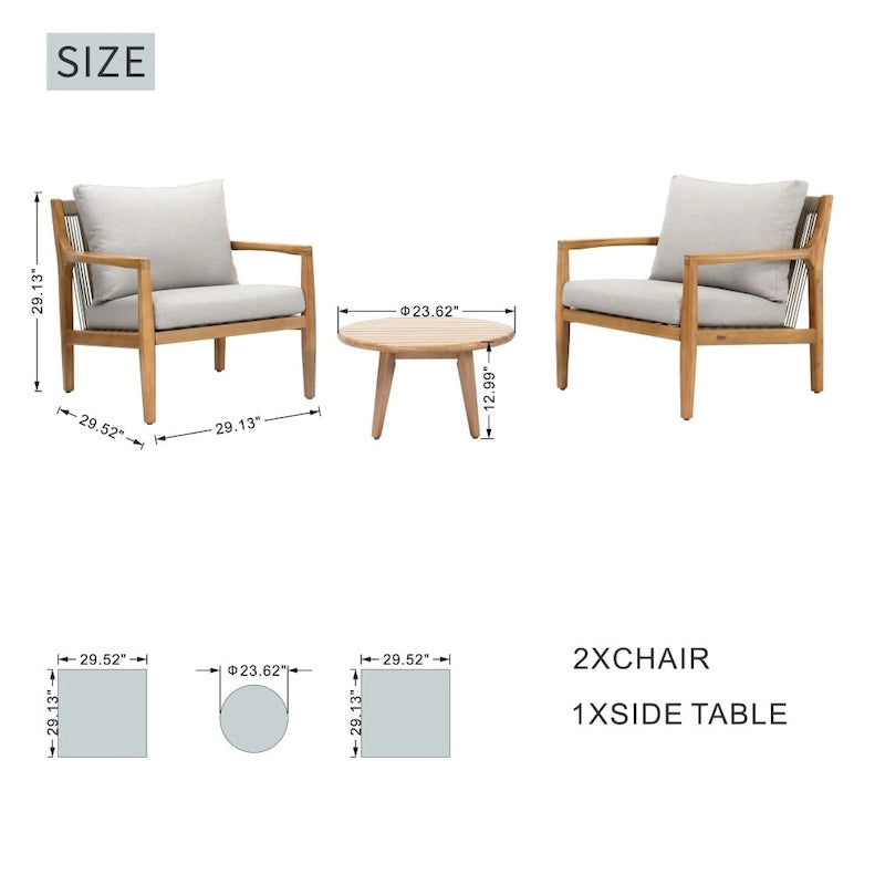 3-piece Acacia Wood Patio Sofa Set with A Sleek Coffee/ Side Table