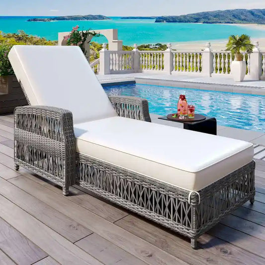 Outdoor Adjustable Reclining Wicker Chaise Lounge with Removable Cushion