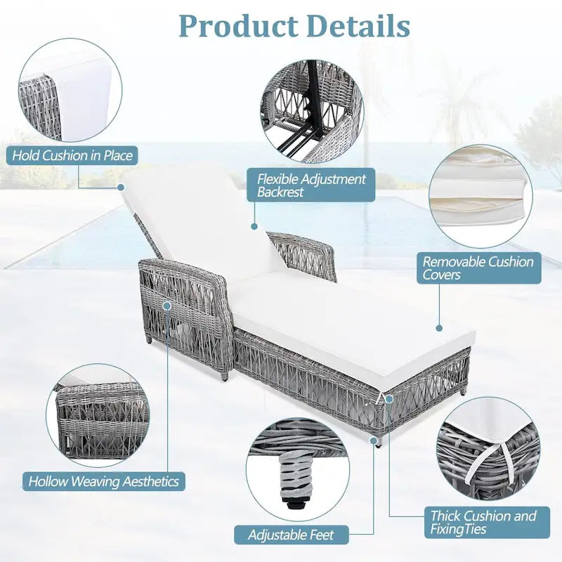 Outdoor Adjustable Reclining Wicker Chaise Lounge with Removable Cushion