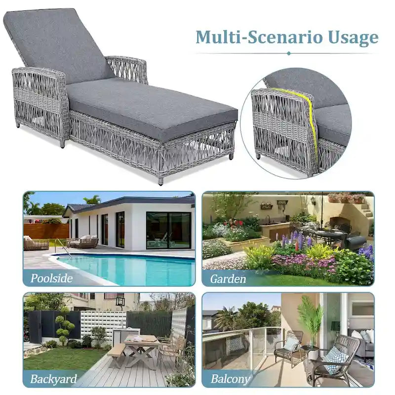 Outdoor Adjustable Reclining Wicker Chaise Lounge with Removable Cushion