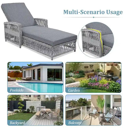 Outdoor Adjustable Reclining Wicker Chaise Lounge with Removable Cushion