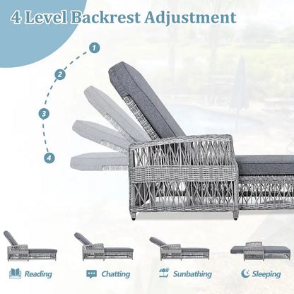 Outdoor Adjustable Reclining Wicker Chaise Lounge with Removable Cushion