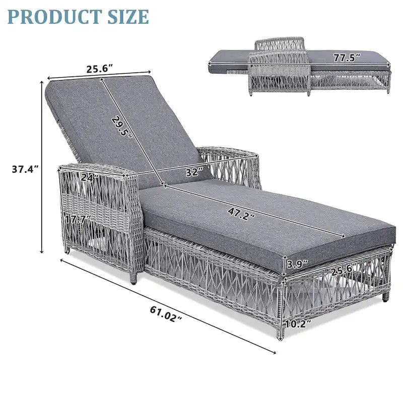 Outdoor Adjustable Reclining Wicker Chaise Lounge with Removable Cushion