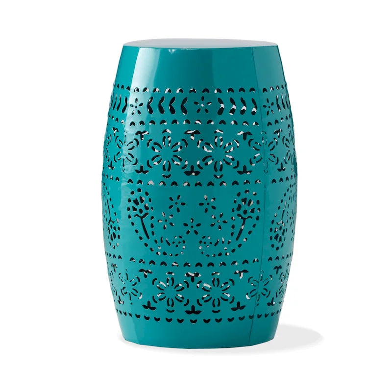Outdoor Garden Stool Side Table, Lace-Cut 12 Inch Top, Teal Iron