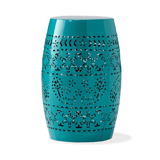 Outdoor Garden Stool Side Table, Lace-Cut 12 Inch Top, Teal Iron