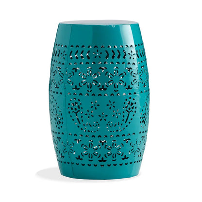 Outdoor Garden Stool Side Table, Lace-Cut 12 Inch Top, Teal Iron