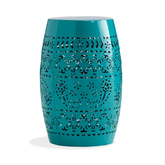 Outdoor Garden Stool Side Table, Lace-Cut 12 Inch Top, Teal Iron
