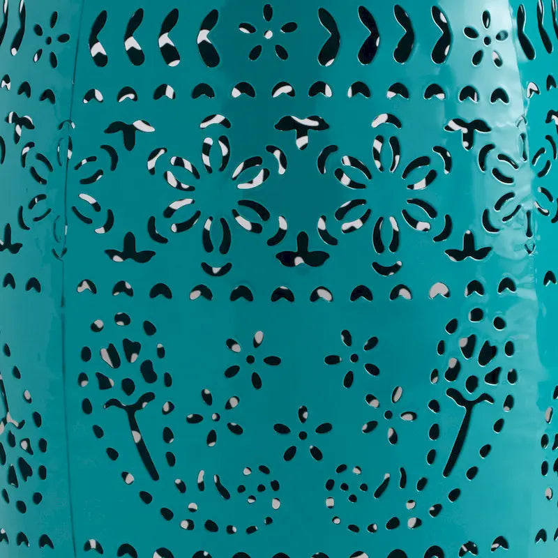 Outdoor Garden Stool Side Table, Lace-Cut 12 Inch Top, Teal Iron