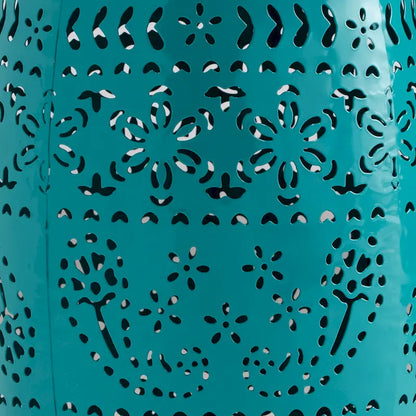 Outdoor Garden Stool Side Table, Lace-Cut 12 Inch Top, Teal Iron