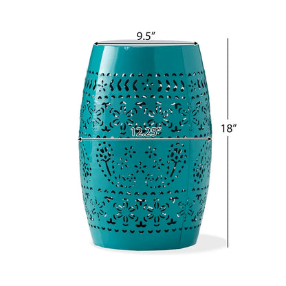 Outdoor Garden Stool Side Table, Lace-Cut 12 Inch Top, Teal Iron