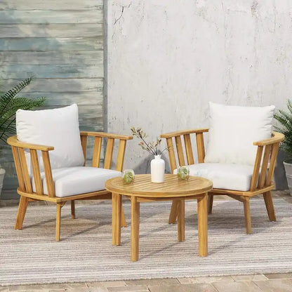 Roomfitters 3-Piece Acacia Wood Patio Set, Outdoor Club Chairs and Table with Waterproof Cushions for Porch, Beige+Teak