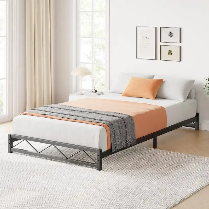 6 Inch Metal Platform Bed Frame with Wavy Pattern, King Bed Frame with Steel Slat Support