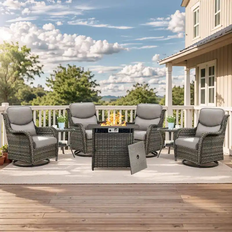 Outdoor Gliders Chairs with Fire Pit Table with 5-Inch Thick Cushions