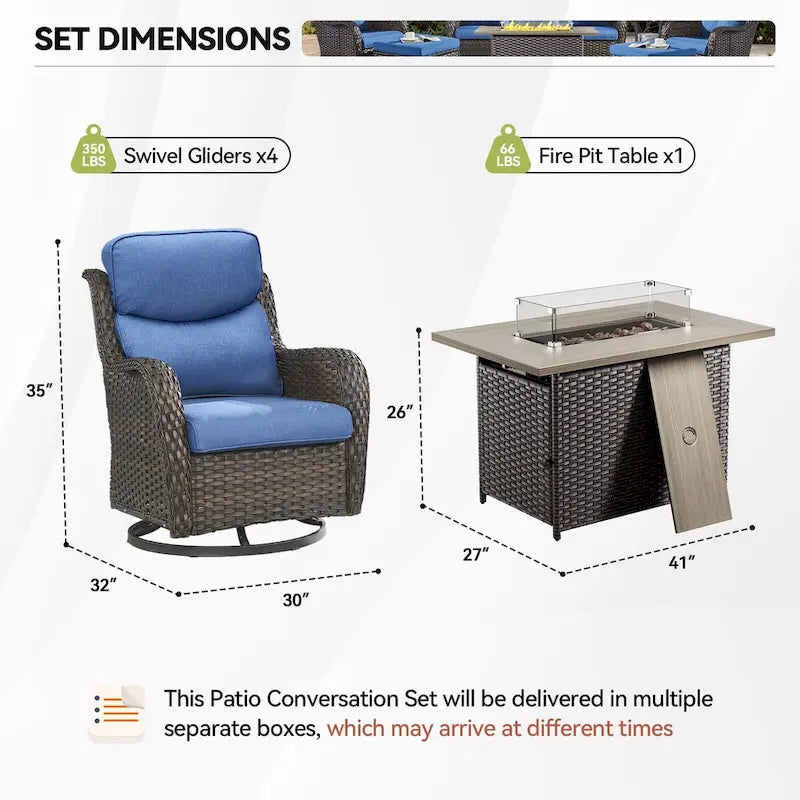 Outdoor Gliders Chairs with Fire Pit Table with 5-Inch Thick Cushions