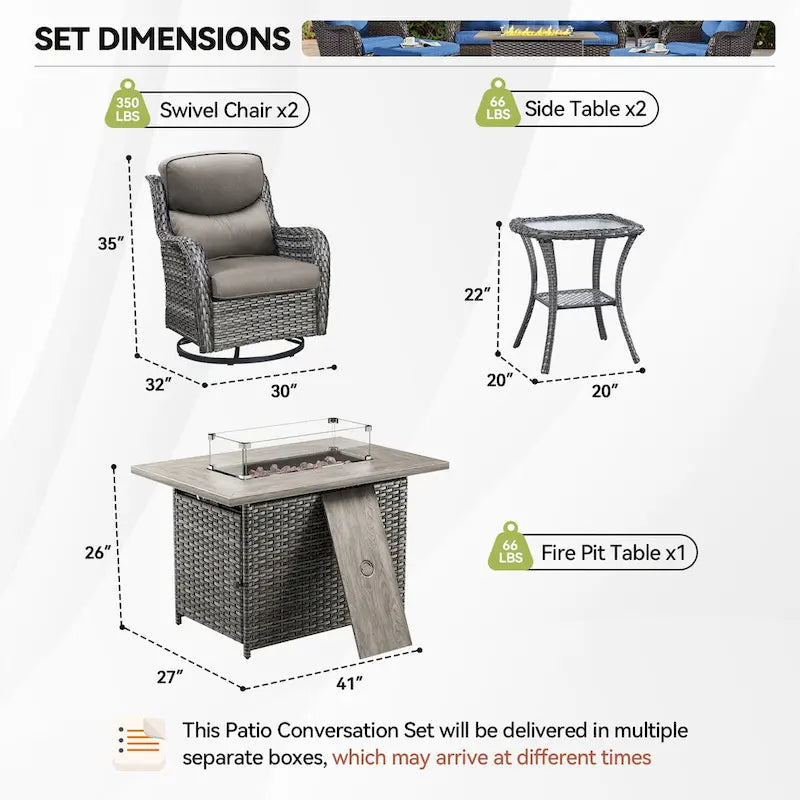 Outdoor Gliders Chairs with Fire Pit Table with 5-Inch Thick Cushions