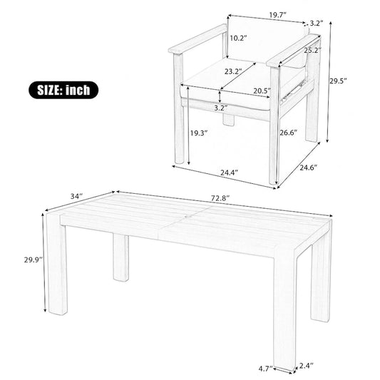 7-Piece Outdoor Patio Acacia Wood Dining Set with Umbrella Hole and 6 Cushioned Low Back Chairs