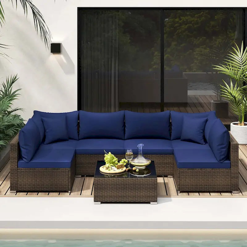Costway 7 PCS Patio Rattan Furniture Set Sectional Sofa Cushioned - See Details