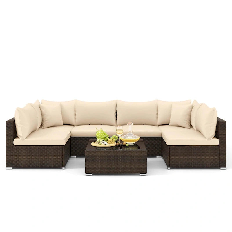 Costway 7 PCS Patio Rattan Furniture Set Sectional Sofa Cushioned - See Details