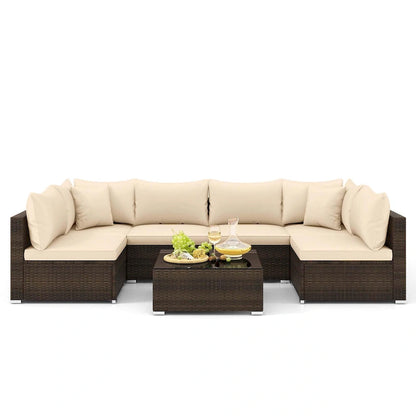 Costway 7 PCS Patio Rattan Furniture Set Sectional Sofa Cushioned - See Details