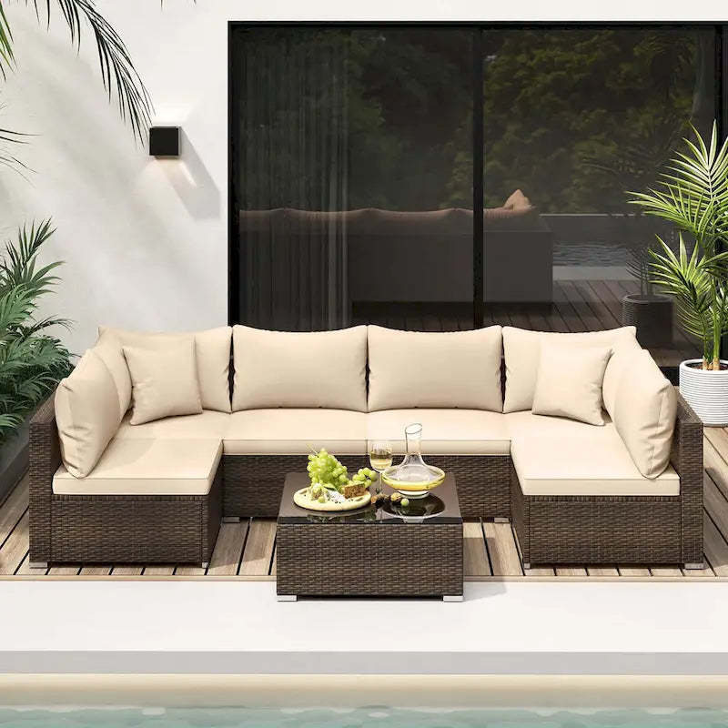 Costway 7 PCS Patio Rattan Furniture Set Sectional Sofa Cushioned - See Details