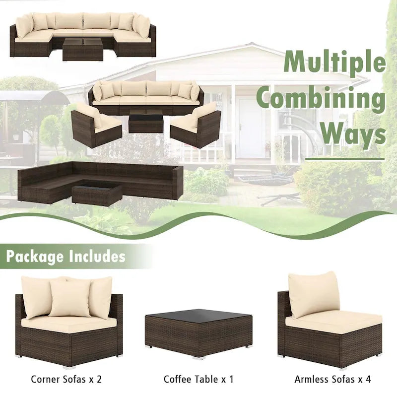 Costway 7 PCS Patio Rattan Furniture Set Sectional Sofa Cushioned - See Details