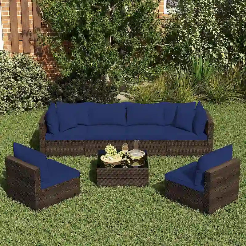 Costway 7 PCS Patio Rattan Furniture Set Sectional Sofa Cushioned - See Details