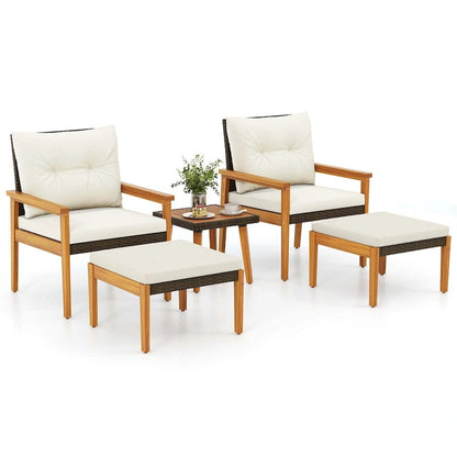 Costway 5 PCS Rattan Furniture Set Wood Frame Chairs & Ottomans with - See Details
