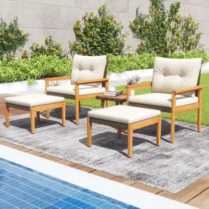 Costway 5 PCS Rattan Furniture Set Wood Frame Chairs & Ottomans with - See Details