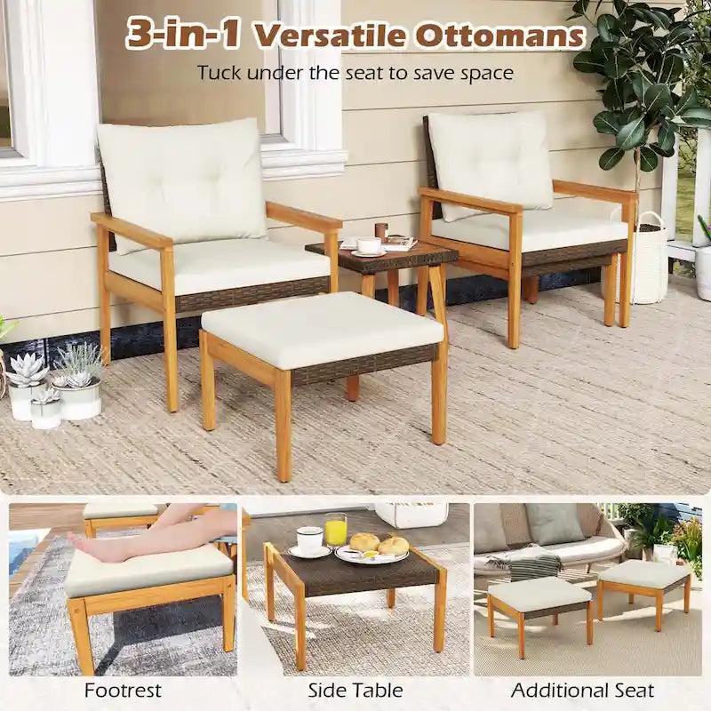 Costway 5 PCS Rattan Furniture Set Wood Frame Chairs & Ottomans with - See Details