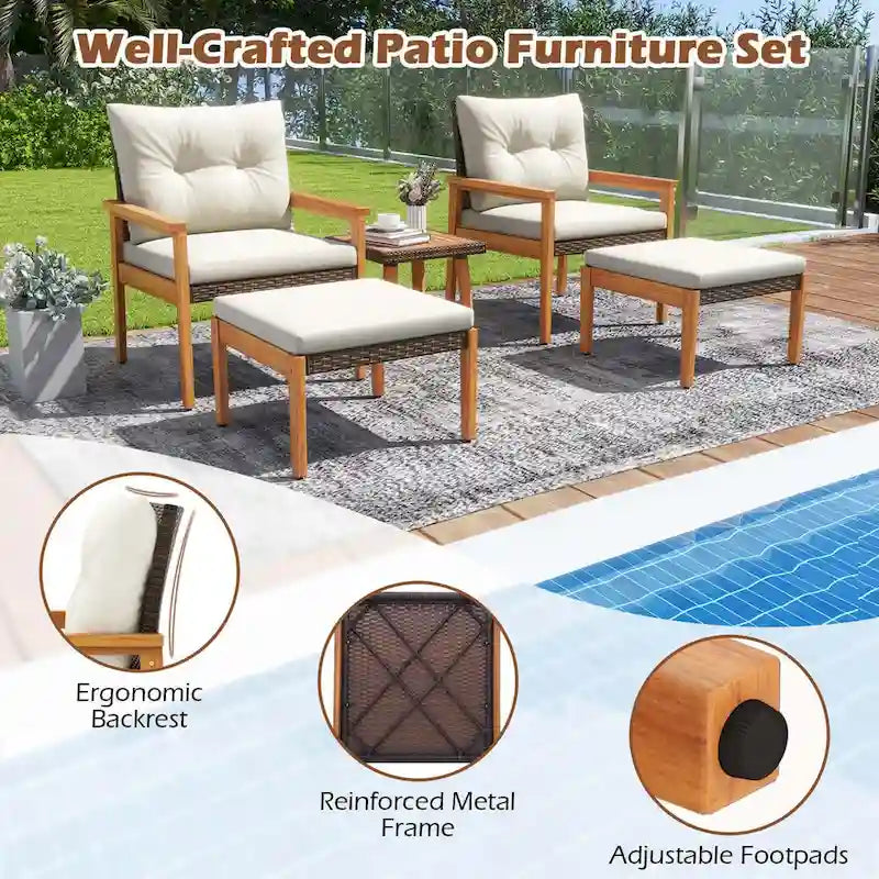 Costway 5 PCS Rattan Furniture Set Wood Frame Chairs & Ottomans with - See Details