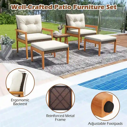 Costway 5 PCS Rattan Furniture Set Wood Frame Chairs & Ottomans with - See Details