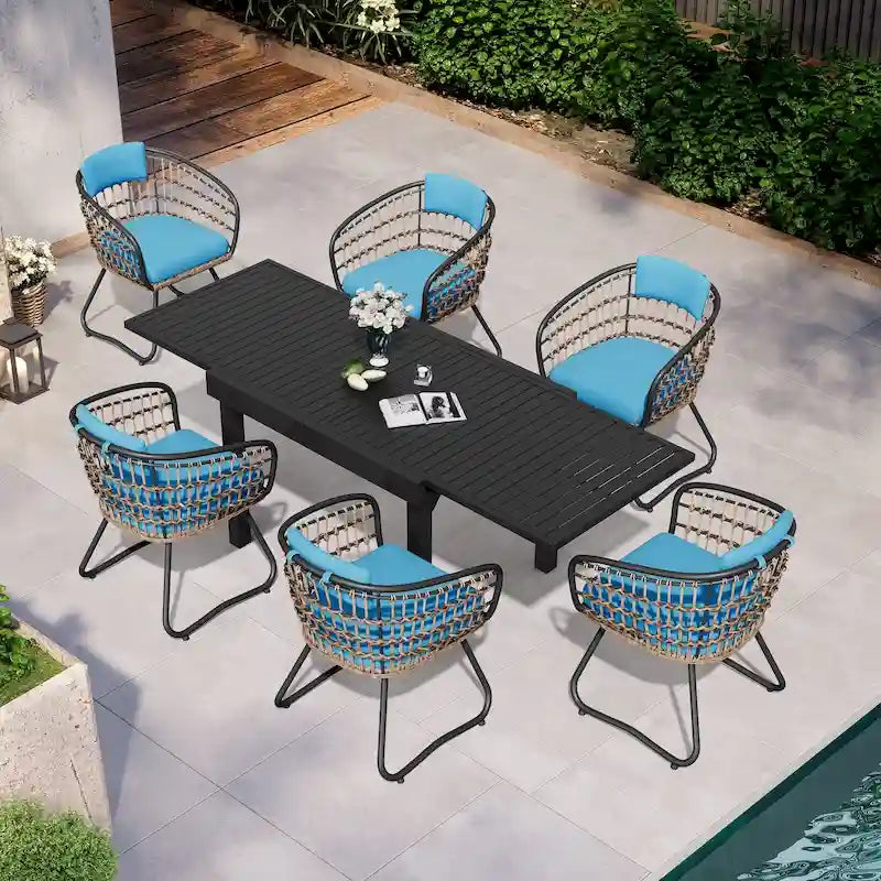 7PC Outdoor Set Aluminum Expandable Patio Dining Table with Rattan Chair