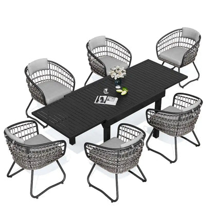 7PC Outdoor Set Aluminum Expandable Patio Dining Table with Rattan Chair